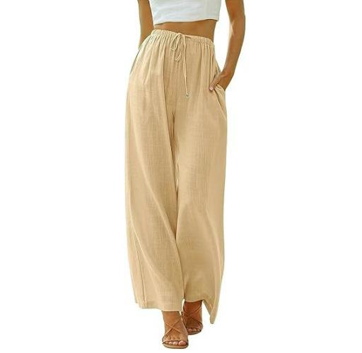 Women's Linen Loose Casual Pants with Pockets and Drawstring, Wide-Leg Trousers for Beach Vacation, Loose Fit, Plus Size, Comfortable