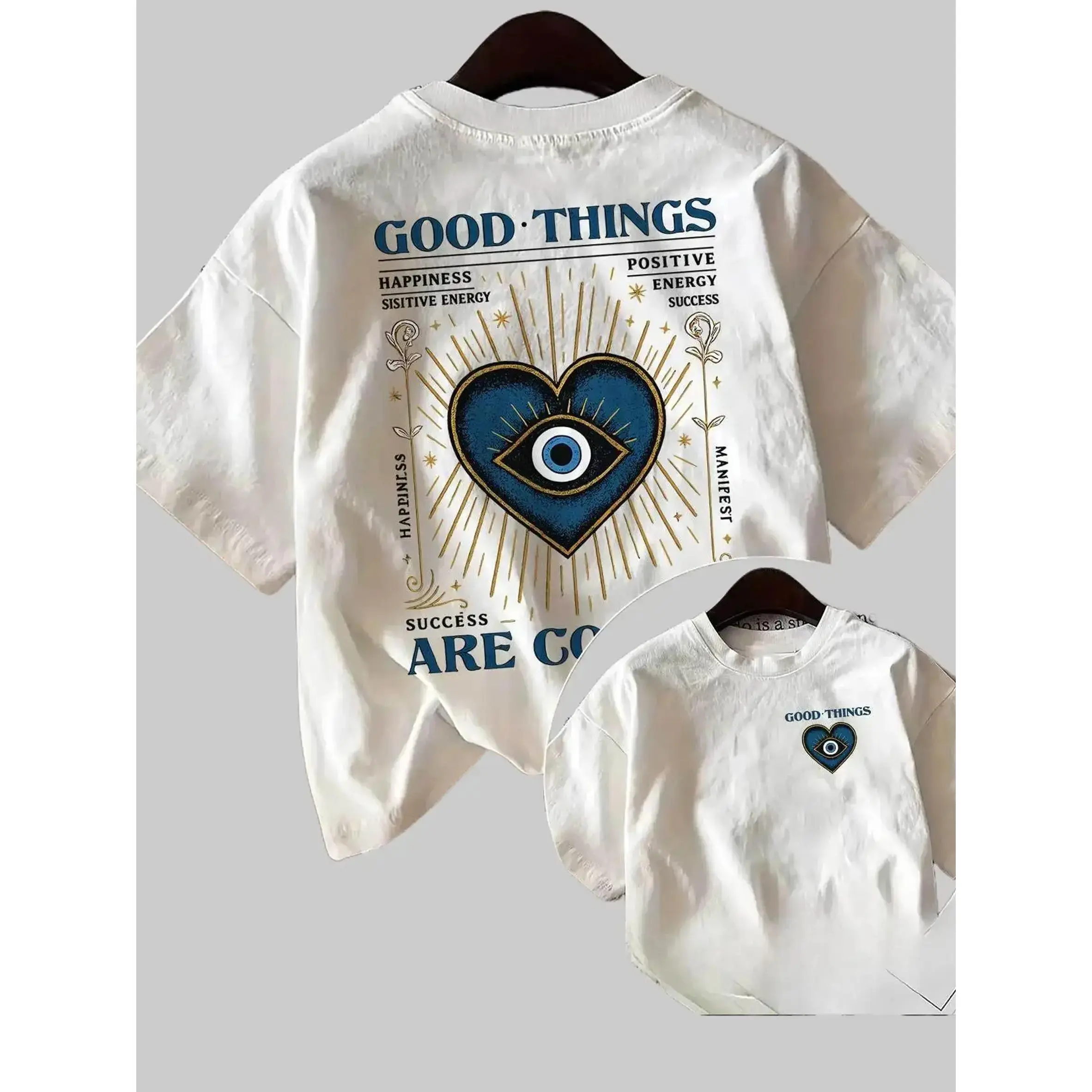 Double-sided Printed Spring/summer Casual Women's Top, Retro Style, Evil Eye, Heart, GOOD THINGS HAPPINESS Printed Round-neck Short-sleeved T-shirt Loose Breathable