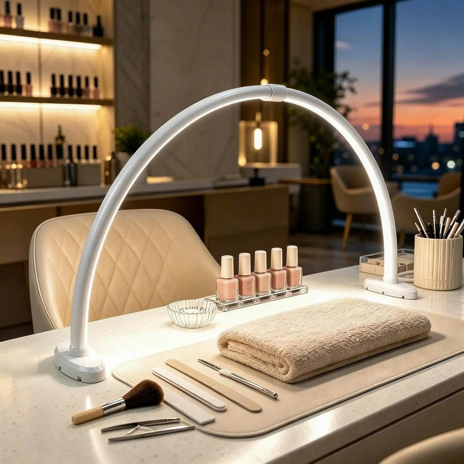 Half Moon Nail Desk Lamp, 180° No Shadow LED Light with Foldable Height Adjustable Base, Soft Eye Protection for Manicure Eyelash Tattoo Craft Workbench LightingGift
