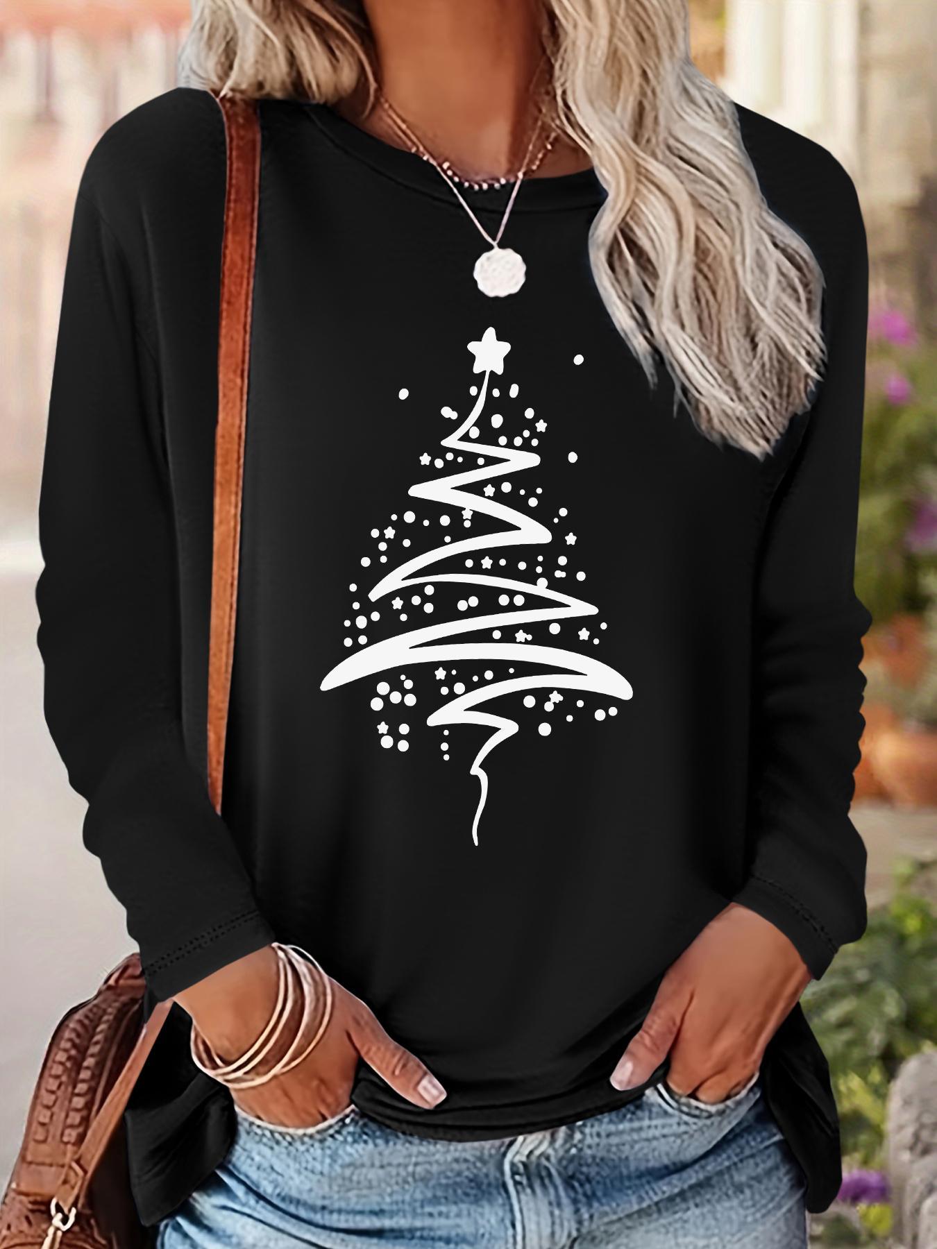 Women's Christmas Tree Print Drop Shoulder Fitted T-shirt, Casual Long Sleeve Round Neck Pullover for Fall & Winter, Ladies Clothes for Daily Wear