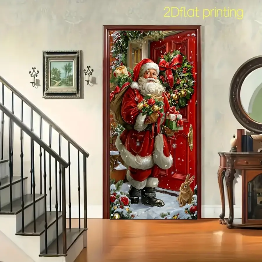 2D Christmas Door Curtain, Oil Painting Style, Santa Claus with Gift Bag, Soft Snow Scene, Fabric Material, Easy Installation, Home Decor, Holiday Setup