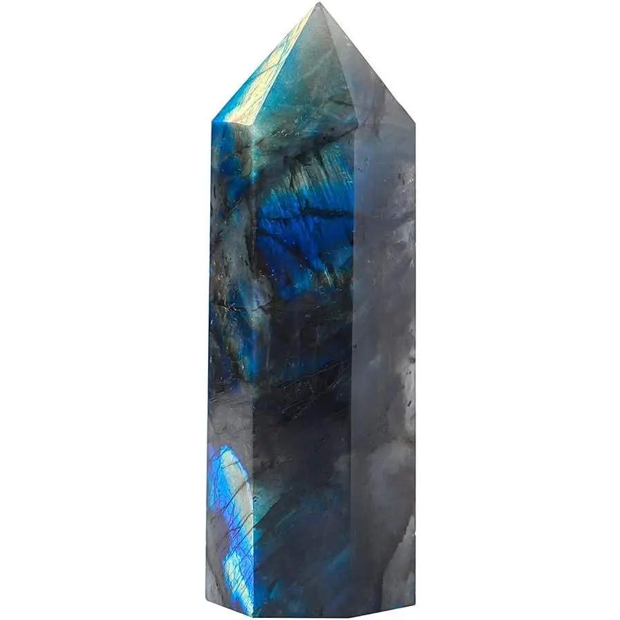 Glam Natural Large Labradorite Crystal Wand - 12-13cm 6-Facet Single Point Prism, Protective Industrial Healing Stone for Reiki Meditation, Chakra Therapy, Garden & Home Decor Gift