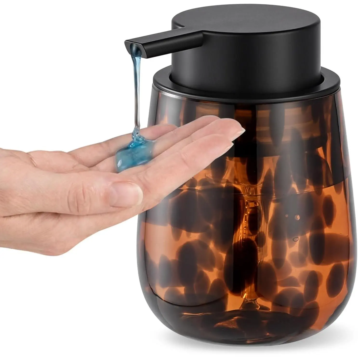 Amber Decorative Marble Glass Bottle with Glass Body & Pump Top - Refillable Liquid Soap-Lotion-Hand Sanitizer Dispenser for Kitchen, Bathroom Countertop, Ideal Gift