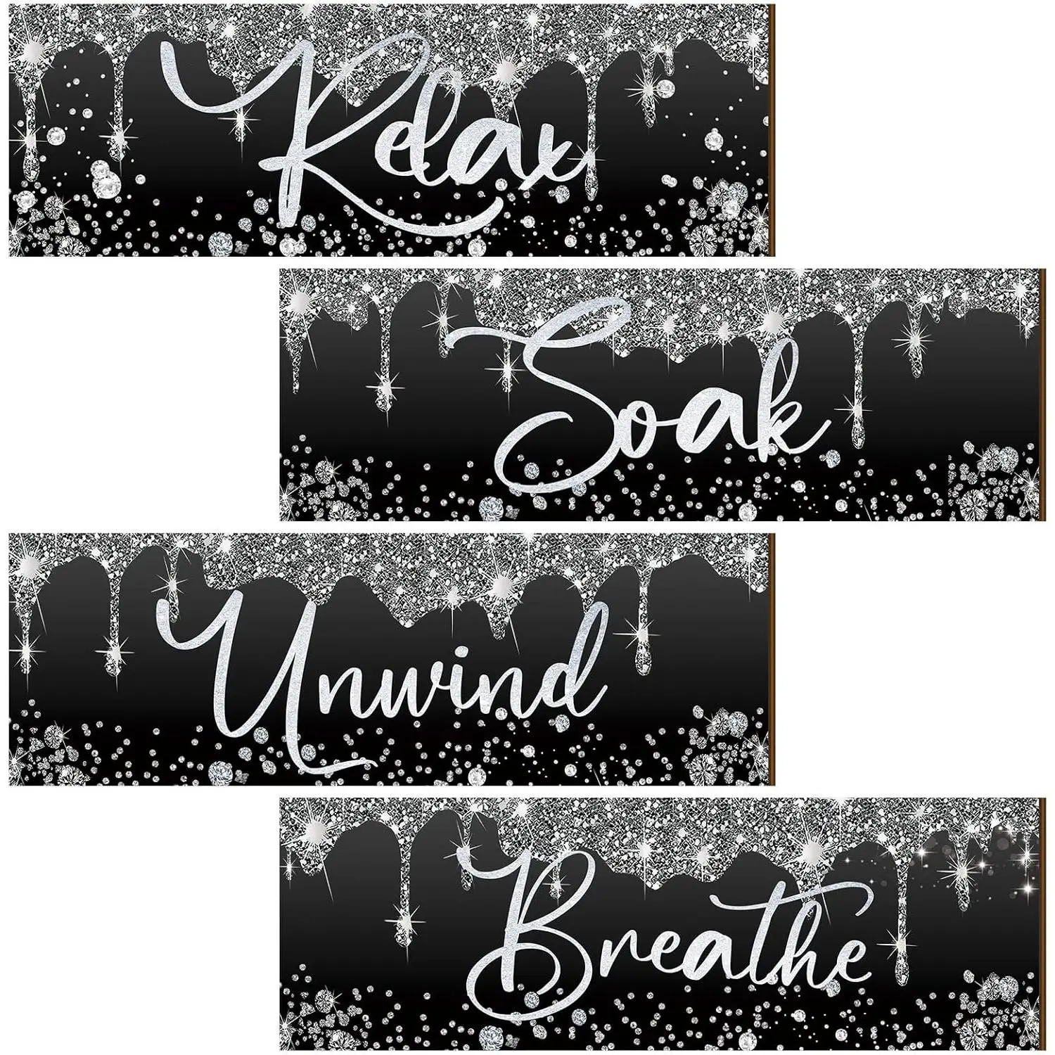 Huwena 4-Piece Silver Glitter Diamond Modern Hangable Wooden Wall Decor, 11.81x3.94x0.2in Shiny Drip Signs for Black Bathroom Walls & Living Room, Promotes Relax-Wish-Unwind-Breathe (Home Supplies), Black, Silver