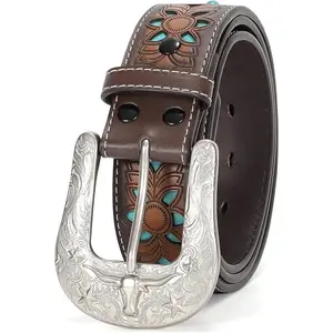 Boho Western Belt with Interchangeable Buckle & Turquoise Floral Tooling