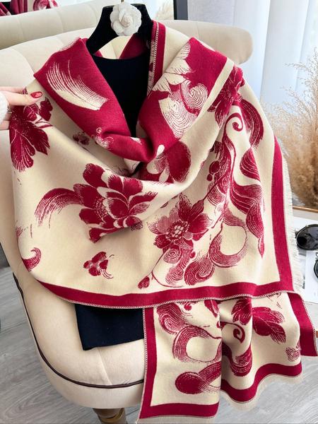 Women's Floral-Pattern Fringe-Trim Shawl, Imitation Cashmere Warm Scarf, Soft Thick Double-Sided Scarf for Fall and Winter, Fashion Accessory for Daily Wear, Great Gift for Girlfriend