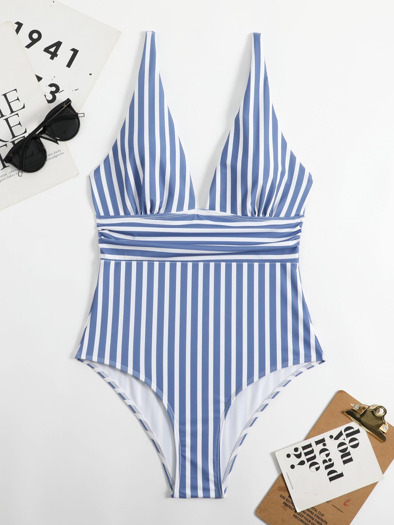 Women's Striped Print V Neck Backless Swimsuit, Summer Outfits 2024, Casual Adjustable Strap Swimwear for Summer, Ladies Swimsuit for Beach Holiday Vacation, Adjustable Straps Swimsuit