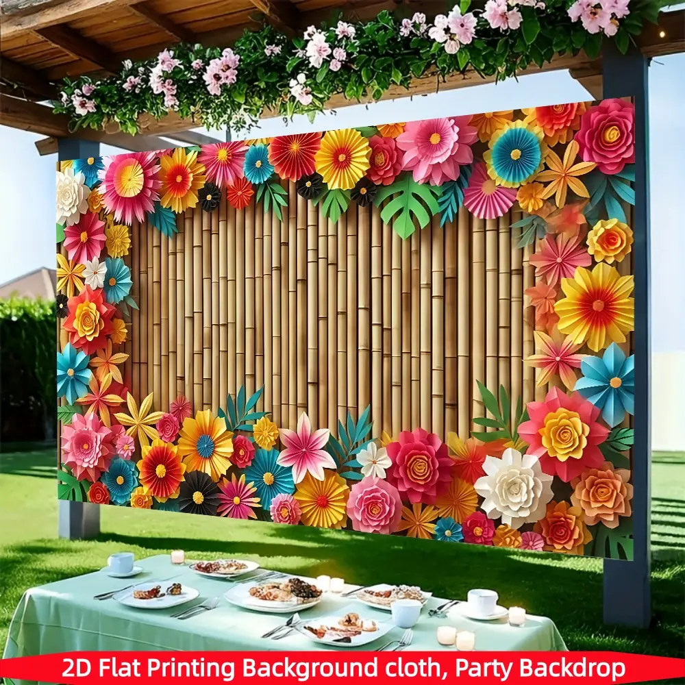 Tropical Hawaiian paper flower bamboo forest backdrop banner, made of polyester fabric, suitable for home, garden, and patio anniversary celebrations, as well as photo booth props. A versatile decoration for outdoor events, front porches, patios, garage