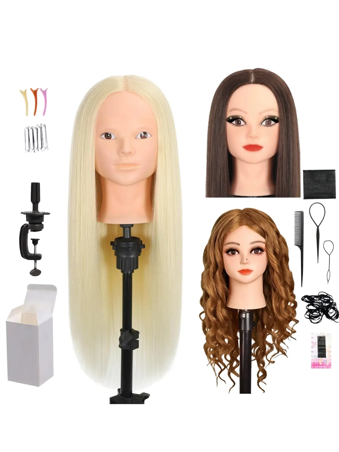 80% Human Hair Straight Manikin Head 26 Inch No Makeup Training Mannequin Head With Full Hairdressing Tool Kit Stable Support Stand For Hair Cutting Braiding Stylist Daily Practice