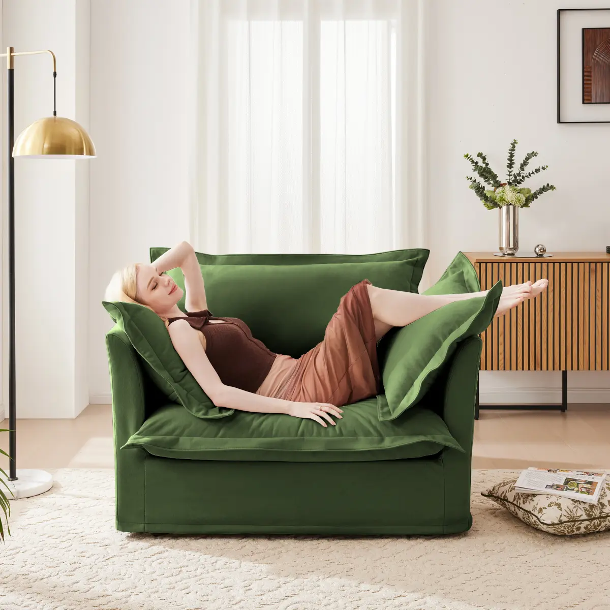 Chenille Fabric Green Slip-Covered Armchair - Sturdy Contemporary Indoor Sofa, Comfy Assembled Single Deep Seat with Removable Cover, Cascading Hem, 1 Big Back Cushion, 2 Big Toss Pillows, 300 lbs Weight Capacity, 300 Pounds