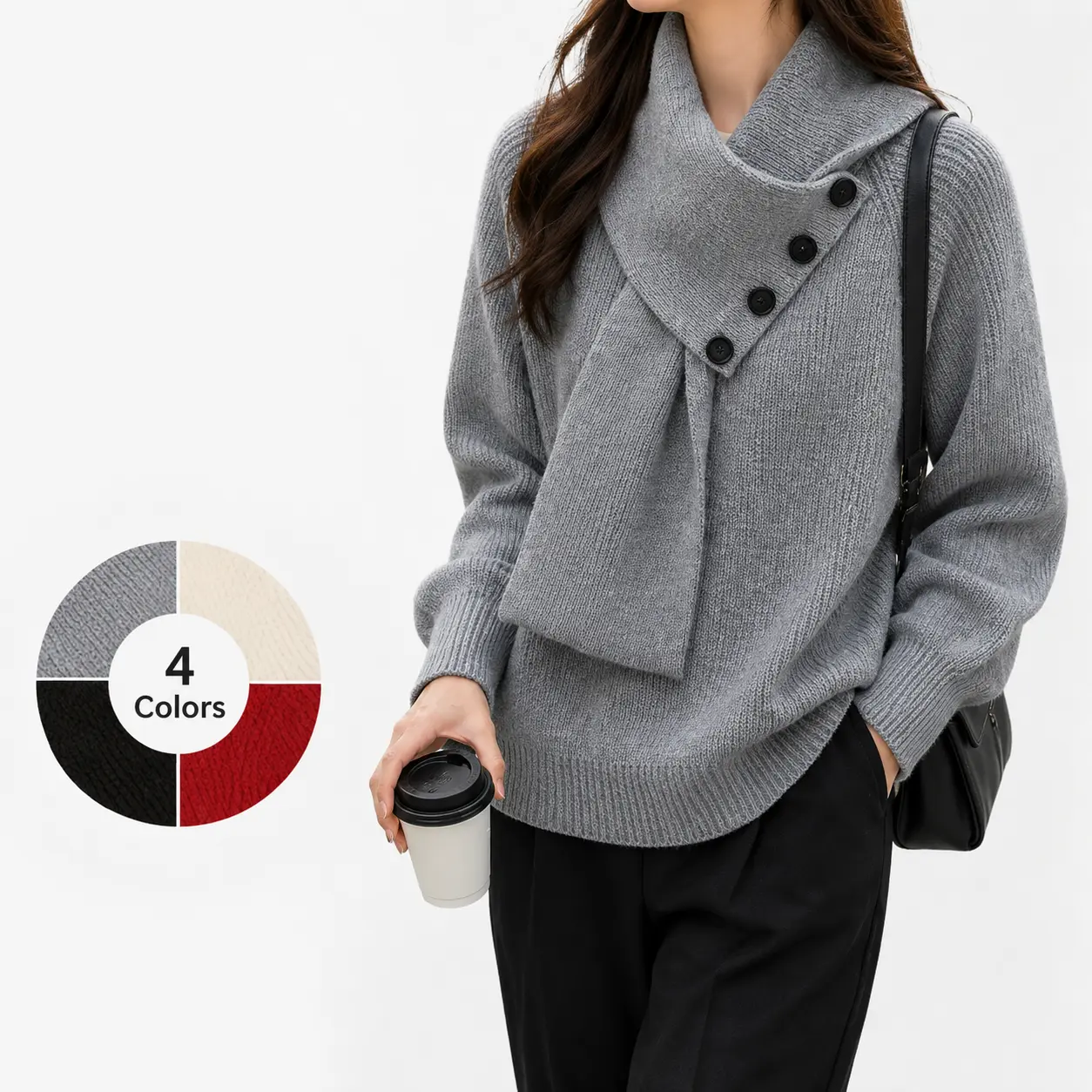Loose Fit Men Knit Pullover Sweater, Convertible Turtleneck Scarf‑Collar Thick Warm Casual Winter Base Shirt