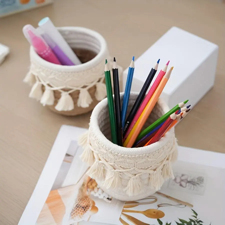 A Easy And Vintage-Style Tassel Storage Basket for Creative Home Use, Perfect for Organizing Small Items Like a Pen Holder on Your Desk, Shelf Baskets