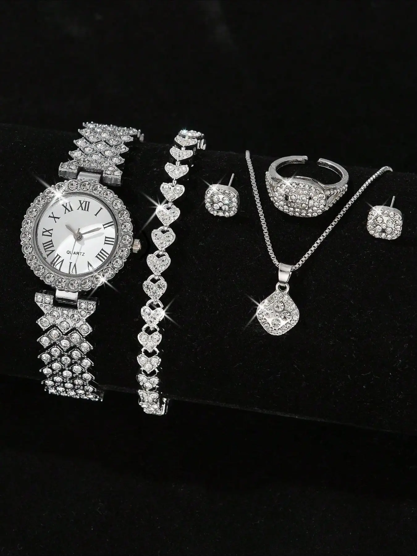 6PCS Gorgeous Bejeweled Kit Rhinestone Steel Band Women's Silver Quartz Watch Bracelet Necklace Earrings Ring Elegant Jewelry Set Women's Watch