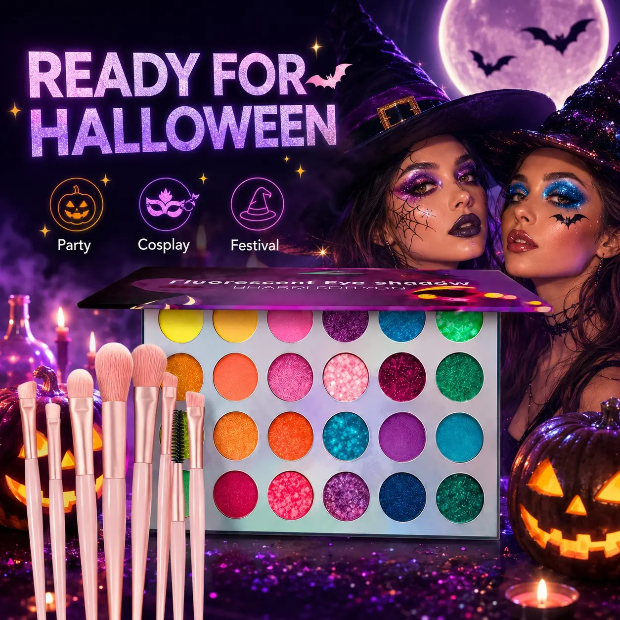 Halloween 24-Color Glow-In-The-Dark UV Eyeshadow Palette, Makeup Brush Set, Perfect for Cosplay and Party Makeup