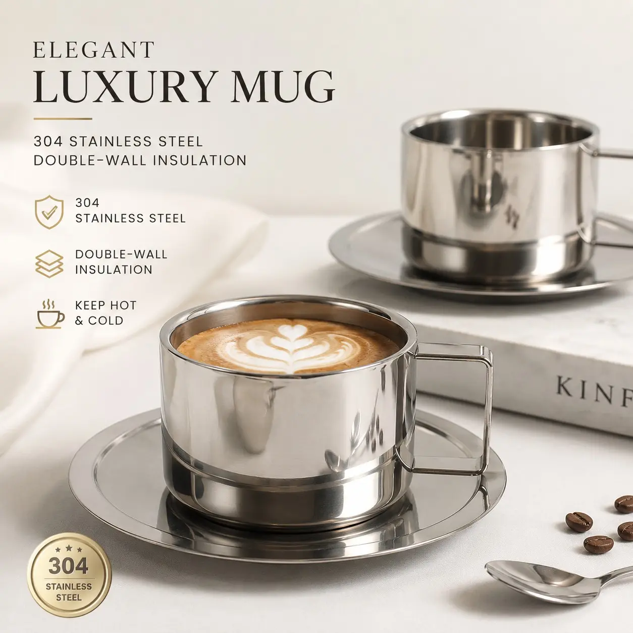 304 Stainless Steel Coffee Mug with Saucer, Double Wall Insulated Cup, Luxury Metal Espresso Cup, Heat Resistant Tea Mug, Elegant Coffee Cup for Home Office