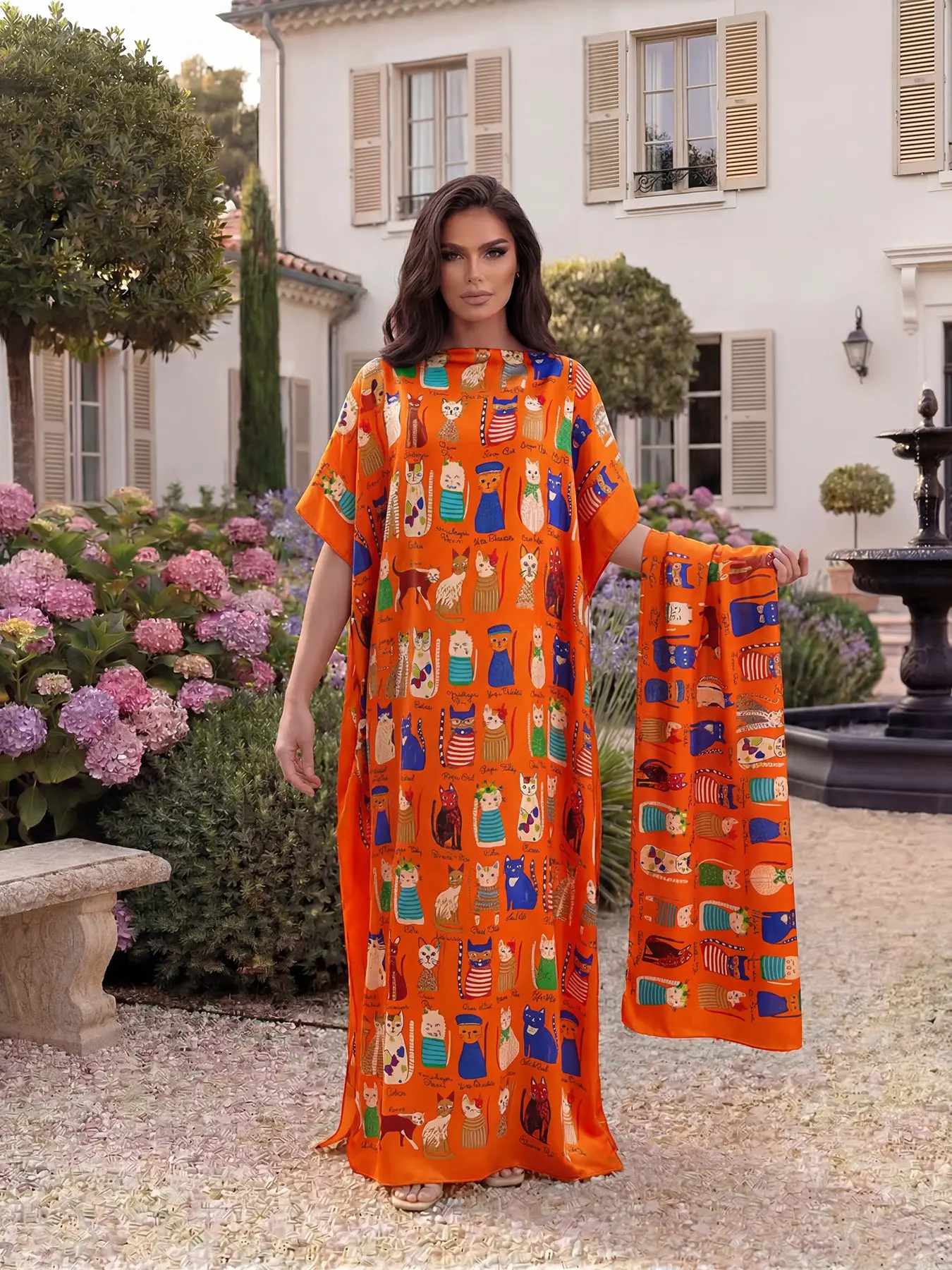 Elegant Fashion Animal Print Robe Set, Moombi Long Dress + Headscarf Scarf Hairband, Women's Beach Sun Protection Satin Scarf