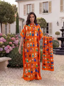 Elegant Fashion Animal Print Robe Set, Moombi Long Dress + Headscarf Scarf Hairband, Women's Beach Sun Protection Satin Scarf