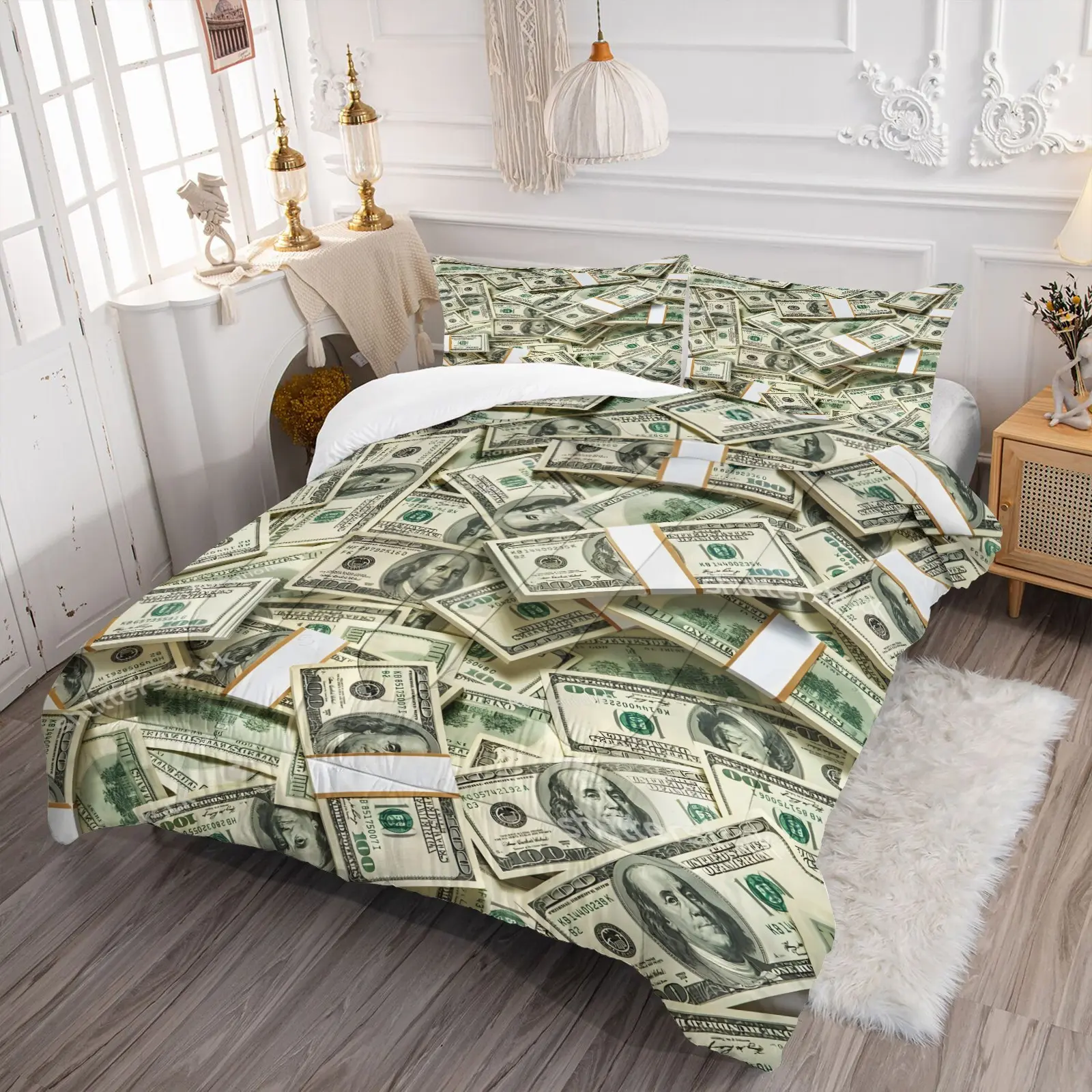 2/3 Pcs Stacked Hundred Dollar Bill Comforter Set, Funny Wealth Money Green Cash Bedding Set, Rich Hustle Entrepreneur Bedroom Decor Comfortable and breathable, Humorous Gift for Business & Money Lovers(1 Quilt + 1 or 2 pillowcase)