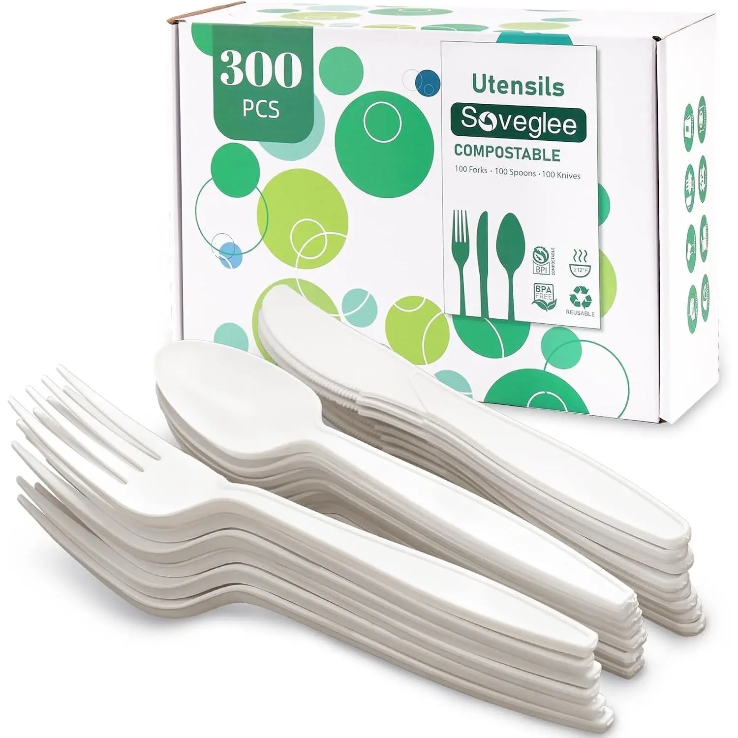 300 Count Compostable Utensils, No Plastic Cutlery Disposable 100 Forks 100 Spoons 100 Knives, White Compostable Silverware, Eco Friendly Disposable Cutlery for Party Picnic Wedding