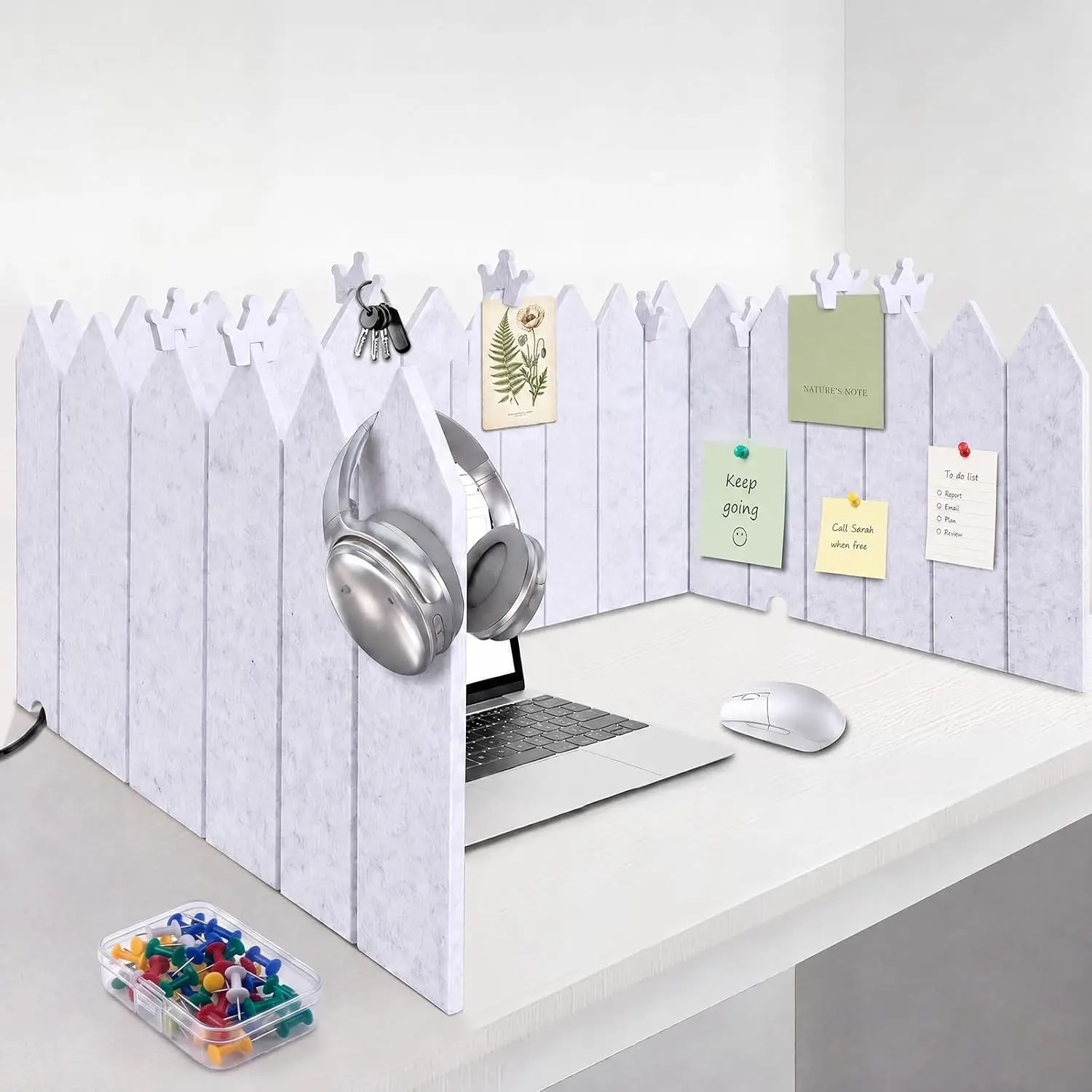 86.5 x 16'' Foldable Felt Desk Divider with 25 Thumbtacks & 8 Clips, Acoustic Desk Partition Privacy Panel, Versatile Cubicle Shield for Office Home (Triangular)