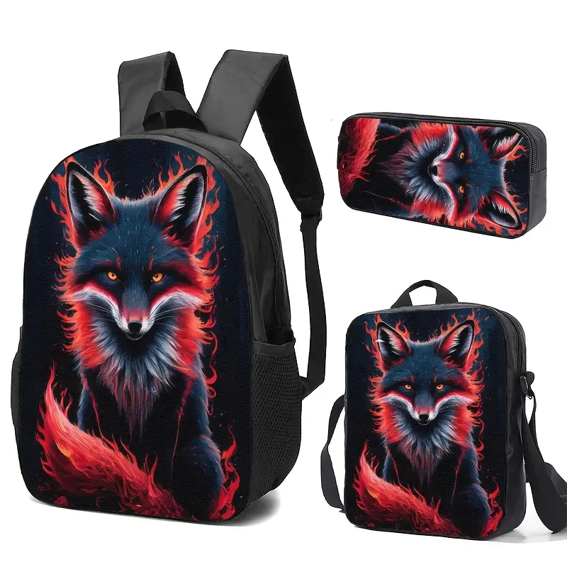 Teens' Streetwear Fire Fox Backpack - Red Flame Animal Print Kids' School Bookbag with Padded Straps, Top Handle, Side Mesh Pockets for Daily Use