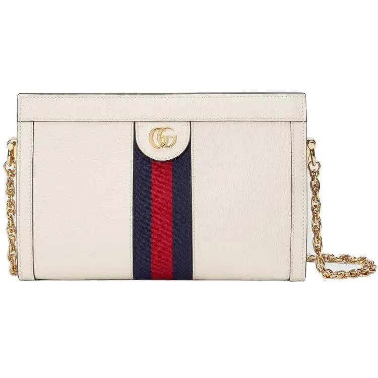 Gucci Ophidia Gold-Logo Striped Webbing Chain Leather Crossbody Bag for Women in White
