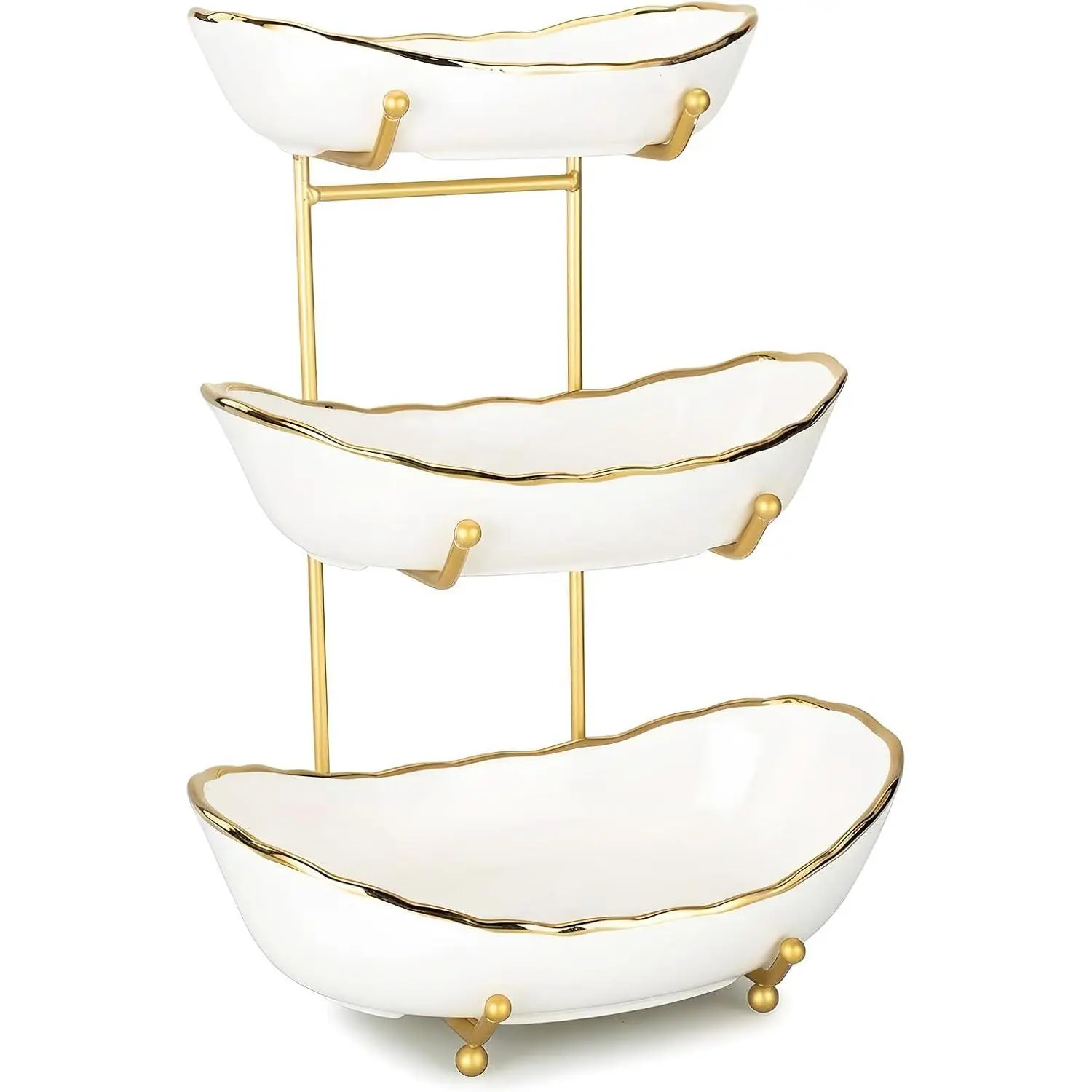 White Ceramic 3 Tier Modern Fruit Bowl with Metal Stand, Tiered Fruit Tray for Kitchen Counter, Snacks Nuts Bread Candy Storage