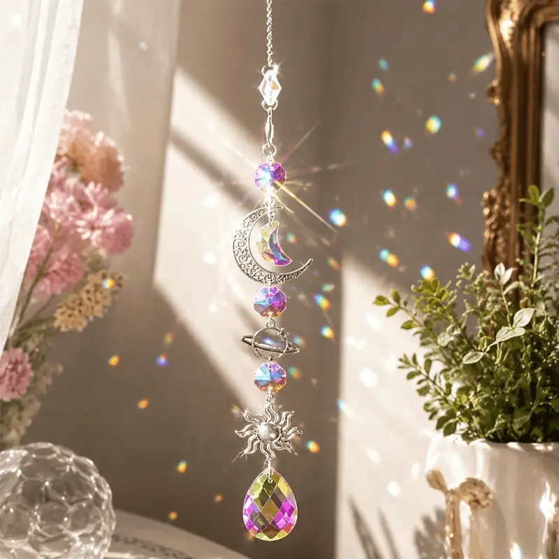 1 Silver Wind Chime Pendant, Crystal Wind Chime, Moon Sun Catcher Diamond Prism Pendant, Suitable for Home Garden Decoration, Beautiful Home Space Hanging Decoration Pendant
