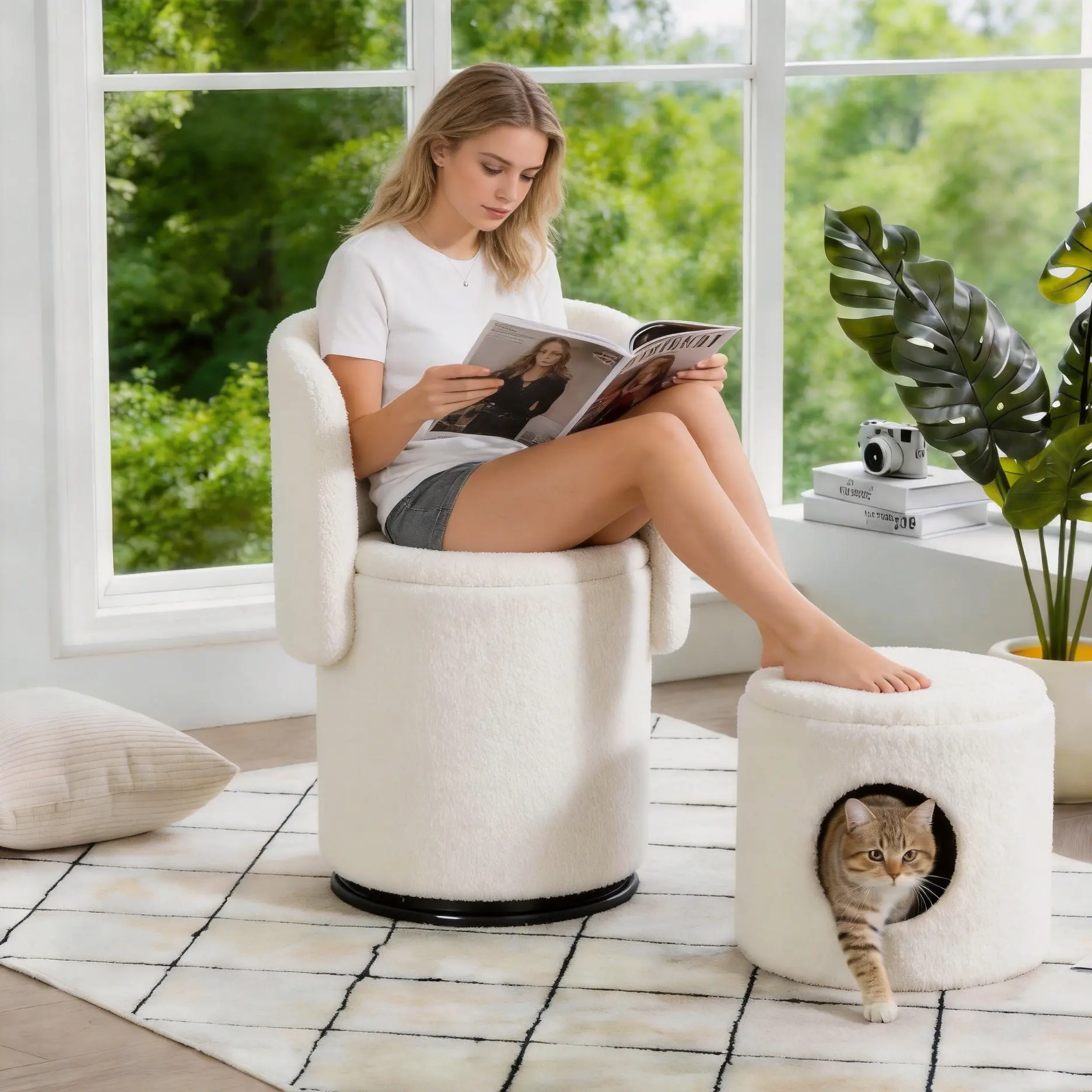 ARCH Upholstered Barrel Chair 360° Swivel Vanity Stool with Built-in Storage, Soft Padded Accent Seat for Bedroom Dressing Room Dining Room, Multi-Functional Round Armchair, Free Cat Bed Stool Included, Single, Dining Room Chairs for Kitchen