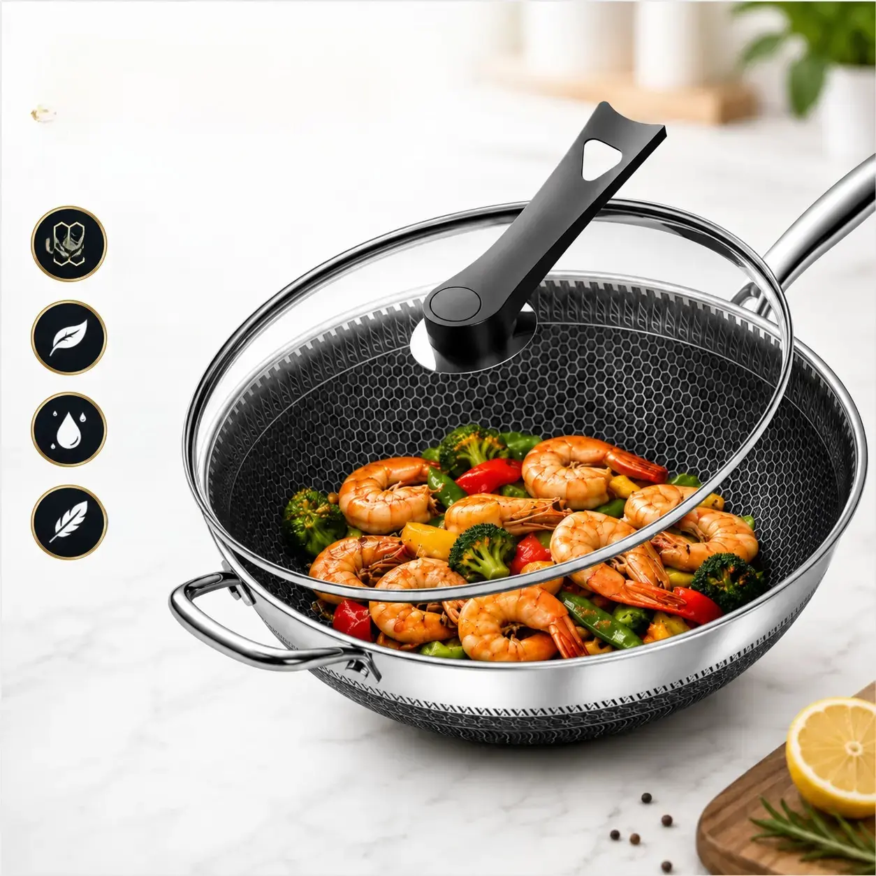 summerwins 12.60" Round Stainless Steel Anti-Adhesive Wok with Lid - Honeycomb Texture, Ergonomic Handle, Household Stir-Fry Pan, Compatible with Induction, Ceramic & Various Kitchen Stoves, Kitchen Supplies