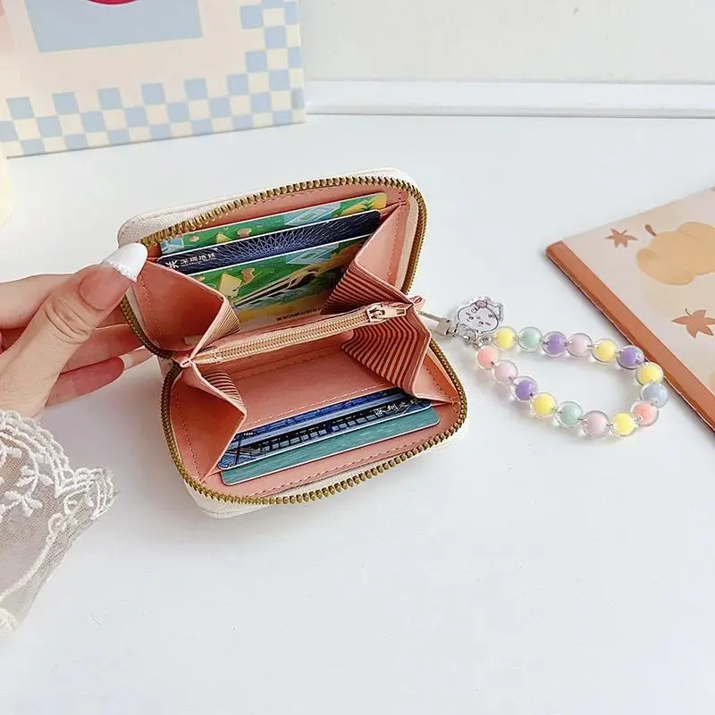 Chiikawa Cartoon Short Wallet Cute Anime Character Pattern PU Leather Zipper Purse With Beaded Chain For Cards Cash Storage