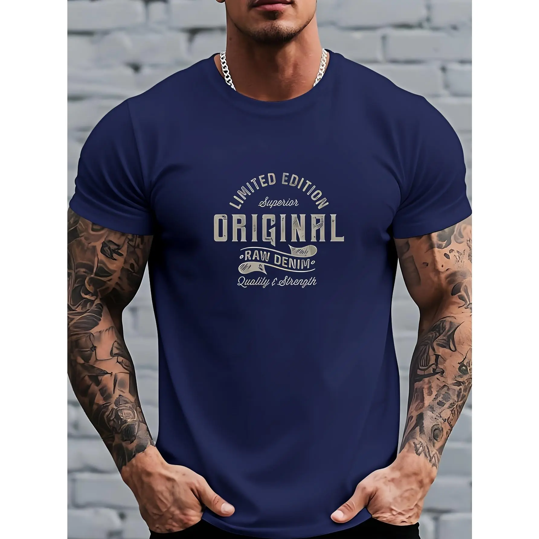 Men's Single Crew Neck Pullover Classic Denim Statement |   LIMITED EDITION Printed Simple Loose Casual Versatile Top, T-shirt, Short-Sleeve, European and American Street Style Menswear