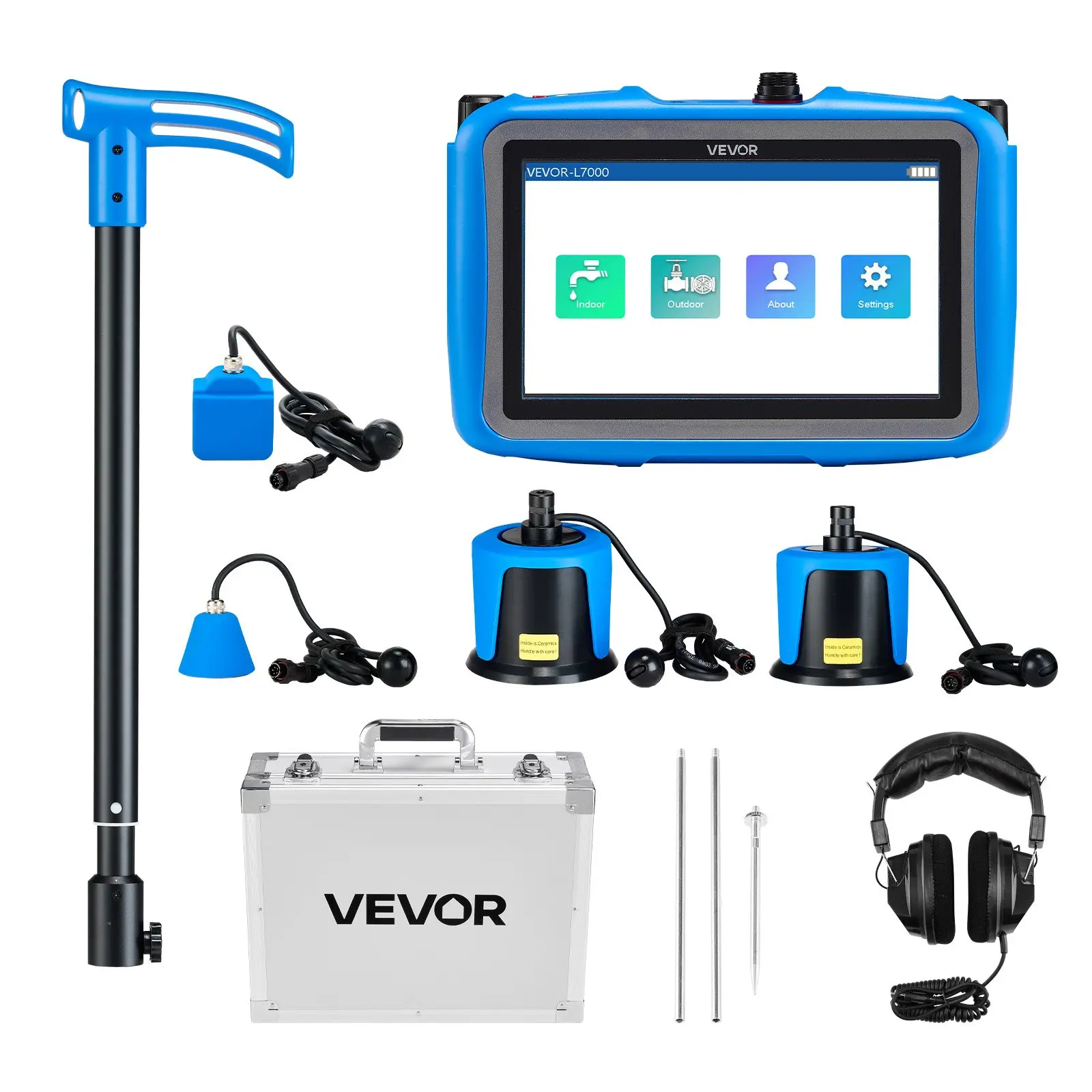 Pipe Water Leak Detector with 4 Sensors, 1Hz-10000Hz, 7" Touchscreen Underground Plumbing Leakage Detection Locator with 3 Listening Rods, Headphones, 8GB Card Carry Case for Indoors Outdoors