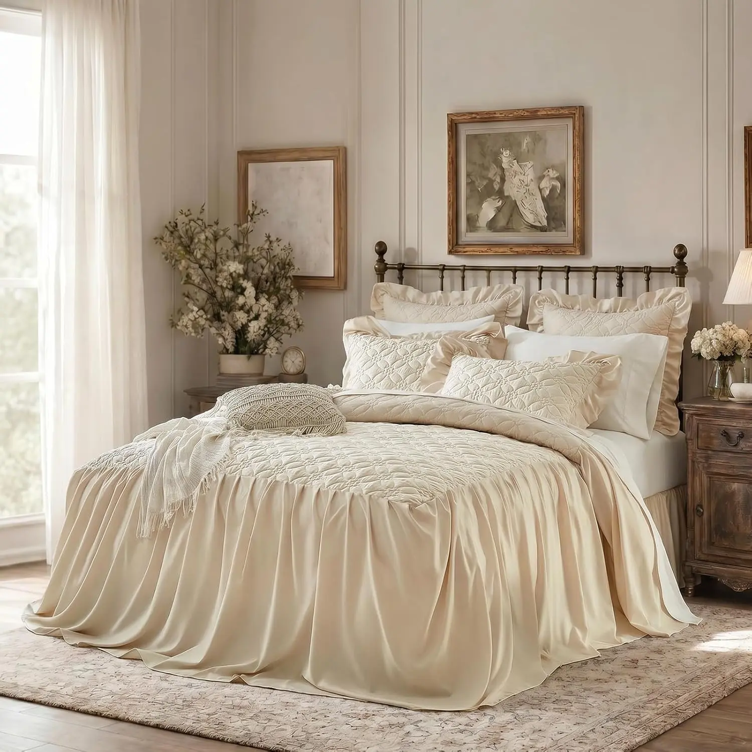 Ruffle Skirt Bedspread Set Flower Style - 30" Long Drop - Vintage Chic Ruffled Summer Bed Spreads Coverlet Boho Bedding Farmhouse Style Luxurious Rustic 3 Piece Set Twin Szie White