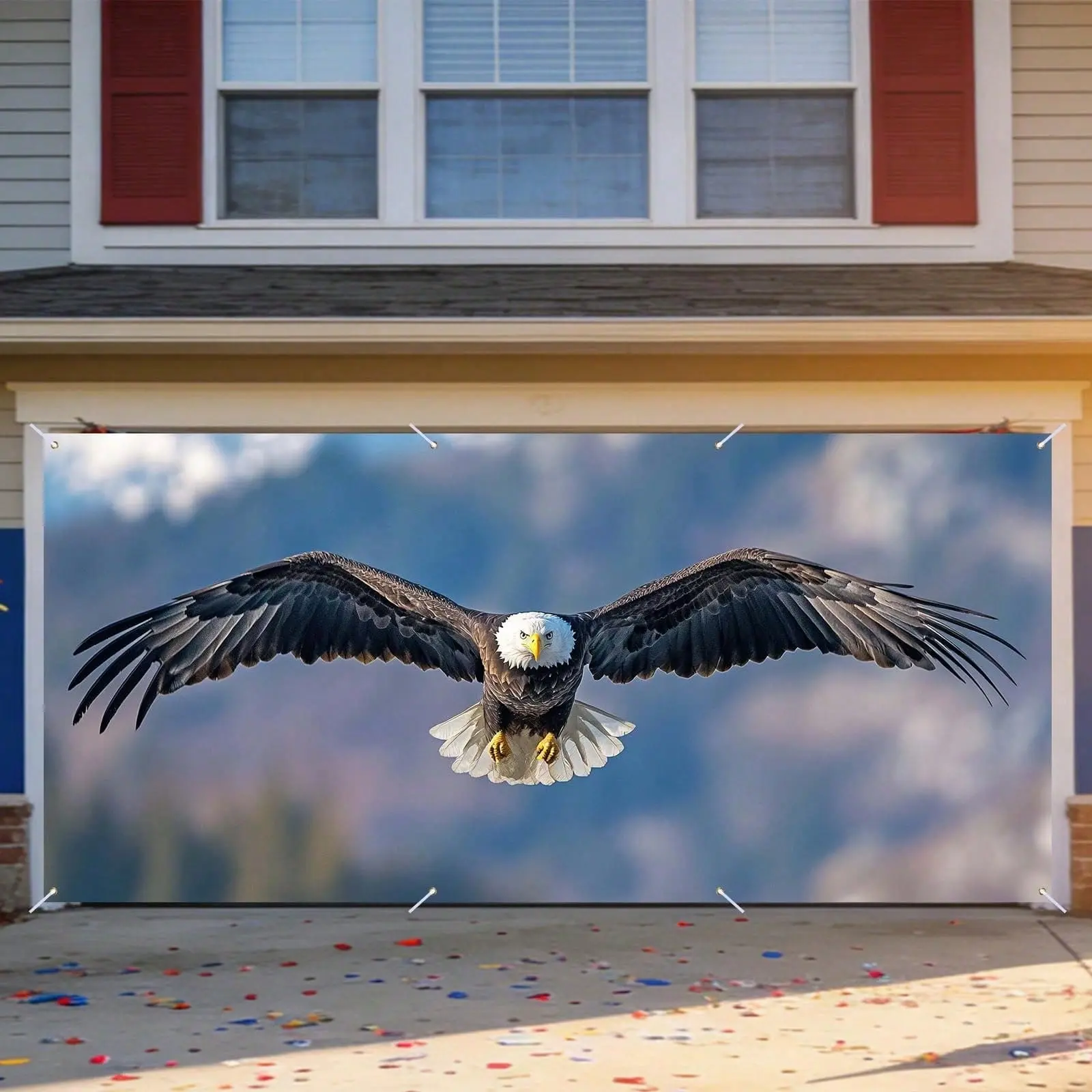 Bald Eagle Mountain Sky Garage Door Banner Patriotic Flying Eagle Garage Door Cover Outdoor Holiday Front House Garage Decor Tapestry