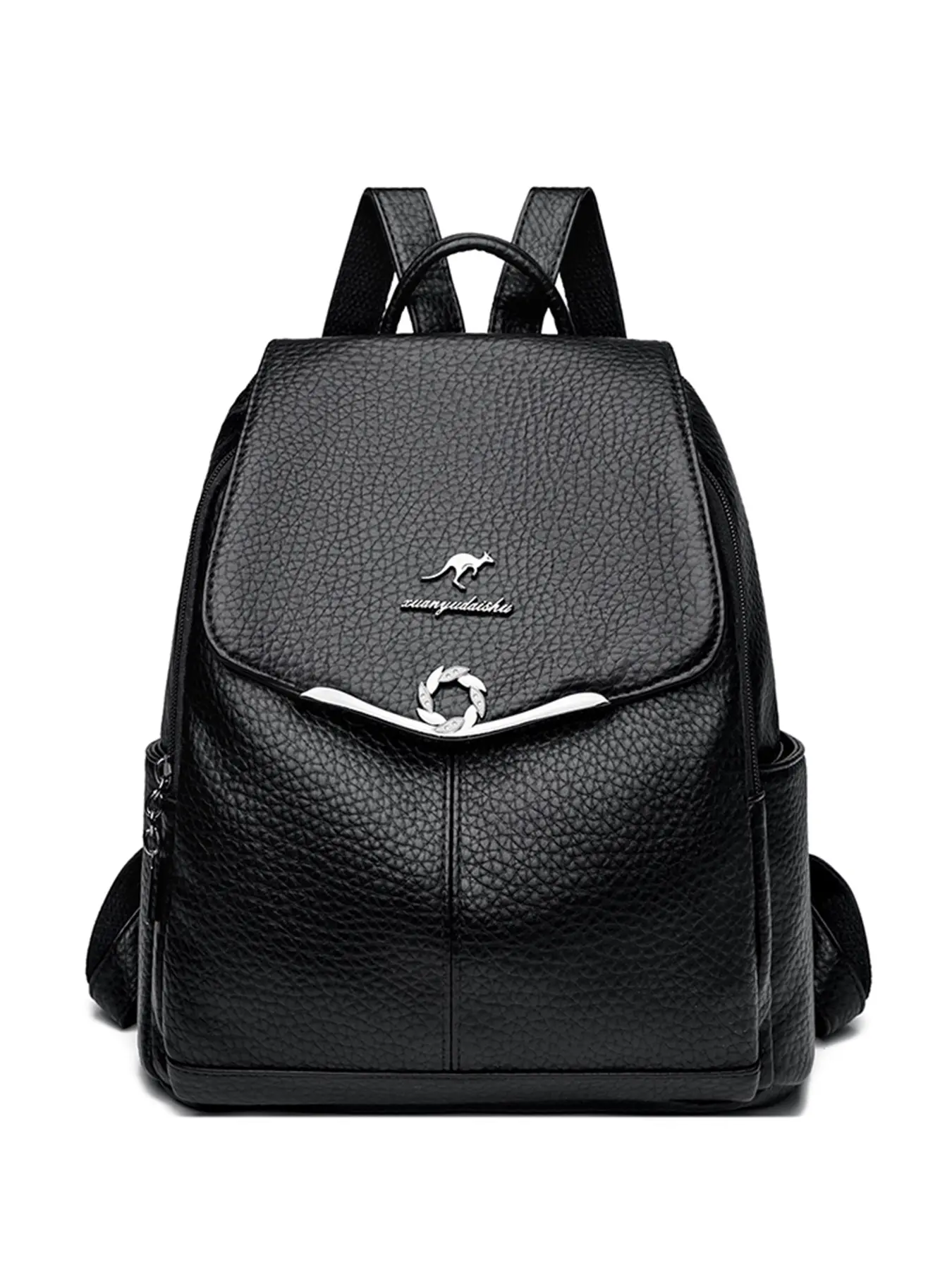 1Pcs Women Classic Faux Leather Backpack Elegant Flip Cover Design With Metal Emblem Detail Multi‑Pocket Rucksack For Ladies Daily Commute Shopping And Casual Travel Versatile Backpack