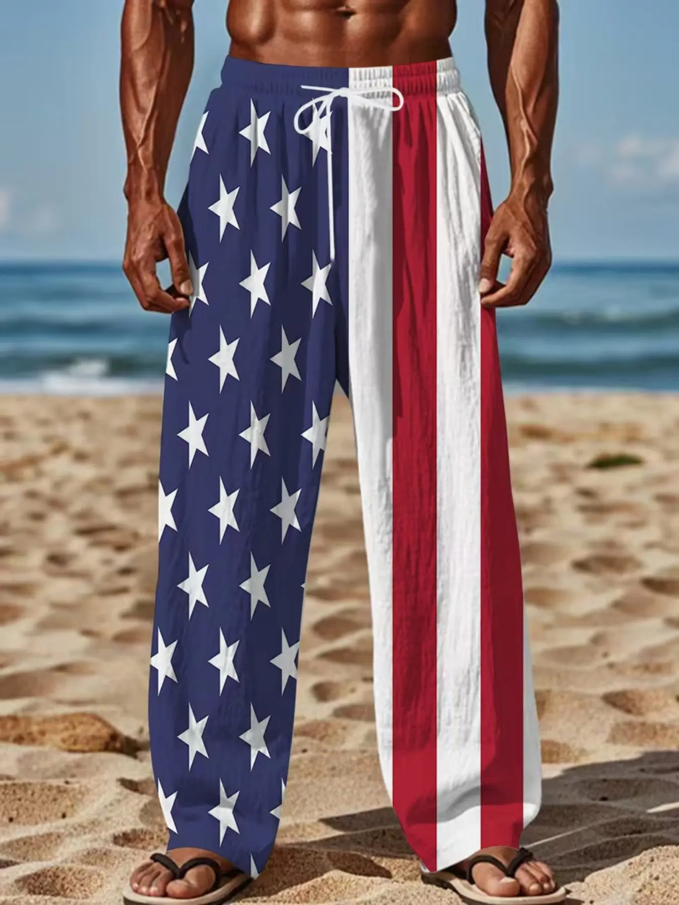 American Flag Print Men's Drawstring Straight Leg Pants, Casual Home Beach Long Trousers, Loose-Fitting All Seasons Clothing