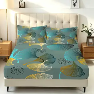 3-Piece Modern Art Ginkgo Leaf Digital Print Fitted Sheet Set ,No Fillers Bed Sheet Set, Soft Breathable Bedding Set, Elastic Deep Pocket Bed Covers for Master Bedroom, Guest Room & Apartment Home Decor Bedding Decoration