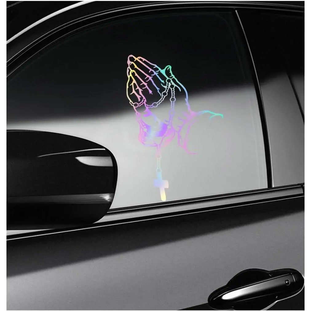 Praying Hands & Rosary Sticker, Religious Praying Hand Decal Personalized Rosary Car Sticker, Waterproof Pearl Jesus Decal Exterior Decor  Vehicle Window Bumper (Colorful)