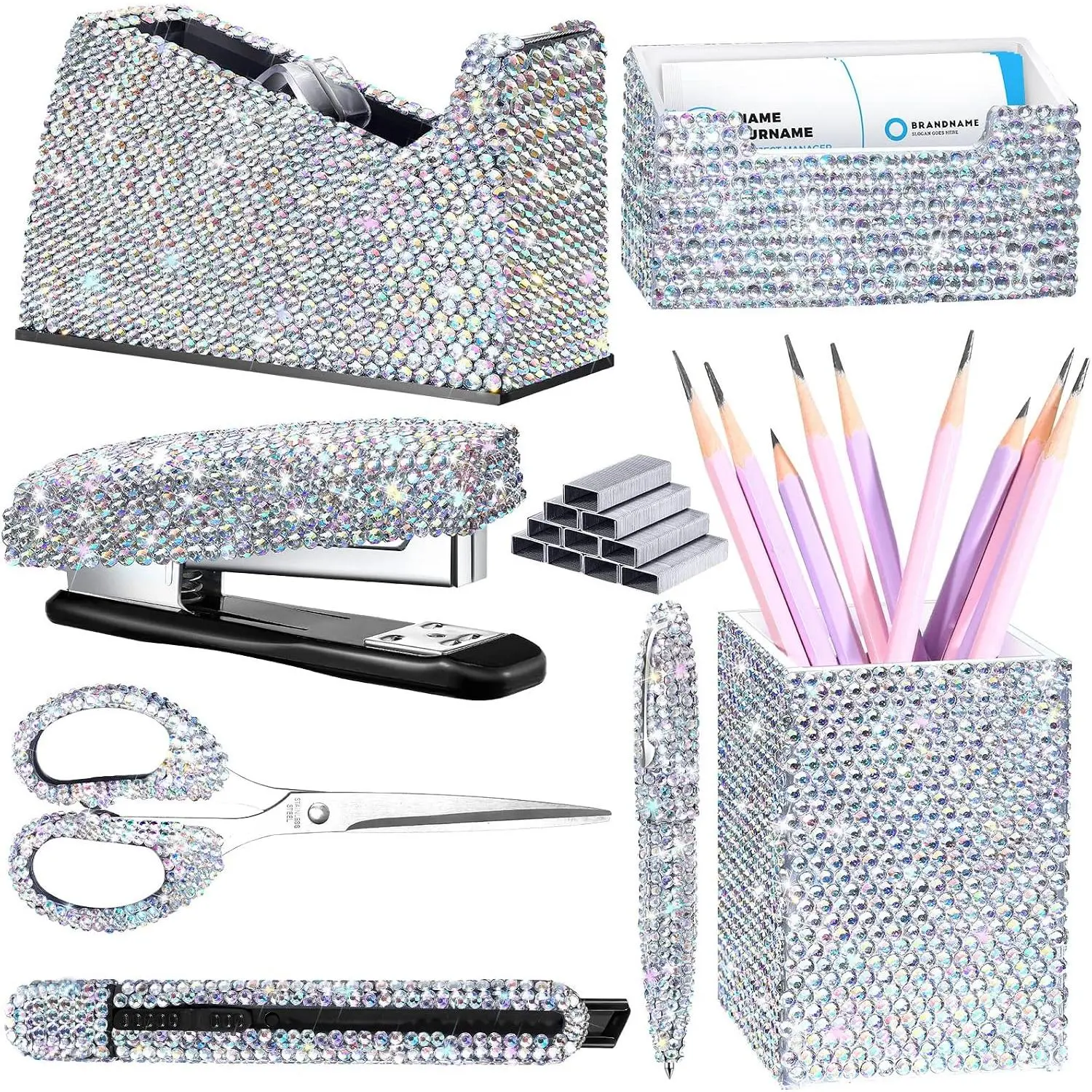 White 7 count Bling Desk Accessories Set Glitter  Office Stationery Kit for Women  Tape Dispenser Rhinestone Stapler Cardholder Pencil Pot Holder Scissor Ballpoint