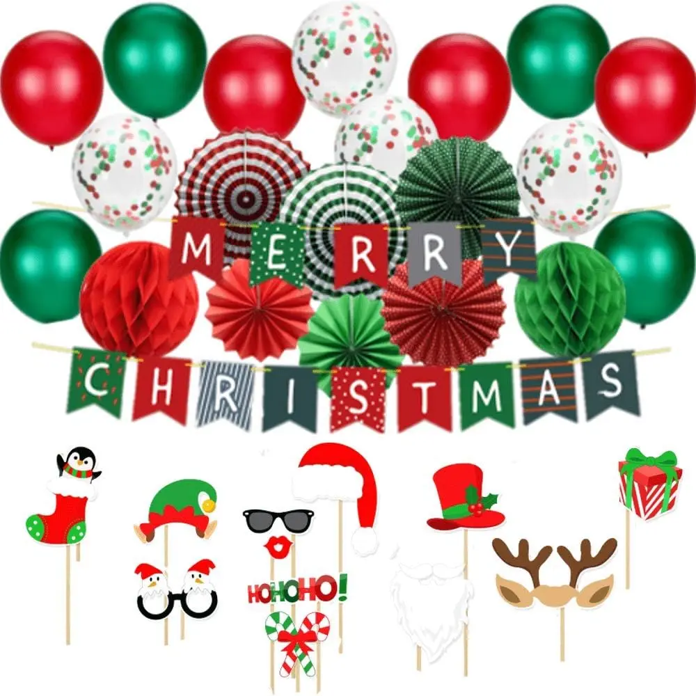 Christmas Party Decorations Kit - Set Includes Merry Christmas Banner Paper Fans  Balls Xmas Photo Booth Props Confetti Balloons Red Green Latex Balloons String for Indoors Office  Decors