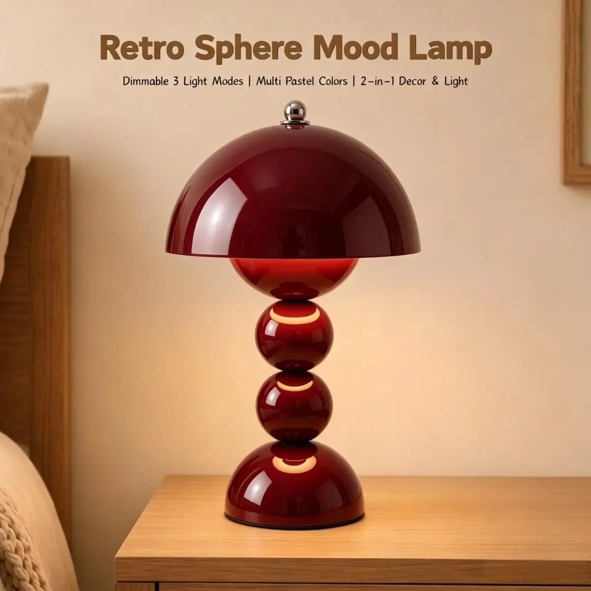 Vintage Cream Style Table Lamp, Bedside Nightstand Lamps, Three-Layer Ball Sculpture Design, Touch Control, Three-Step Dimmable Rechargeable Bedside Light, Bedroom Decor