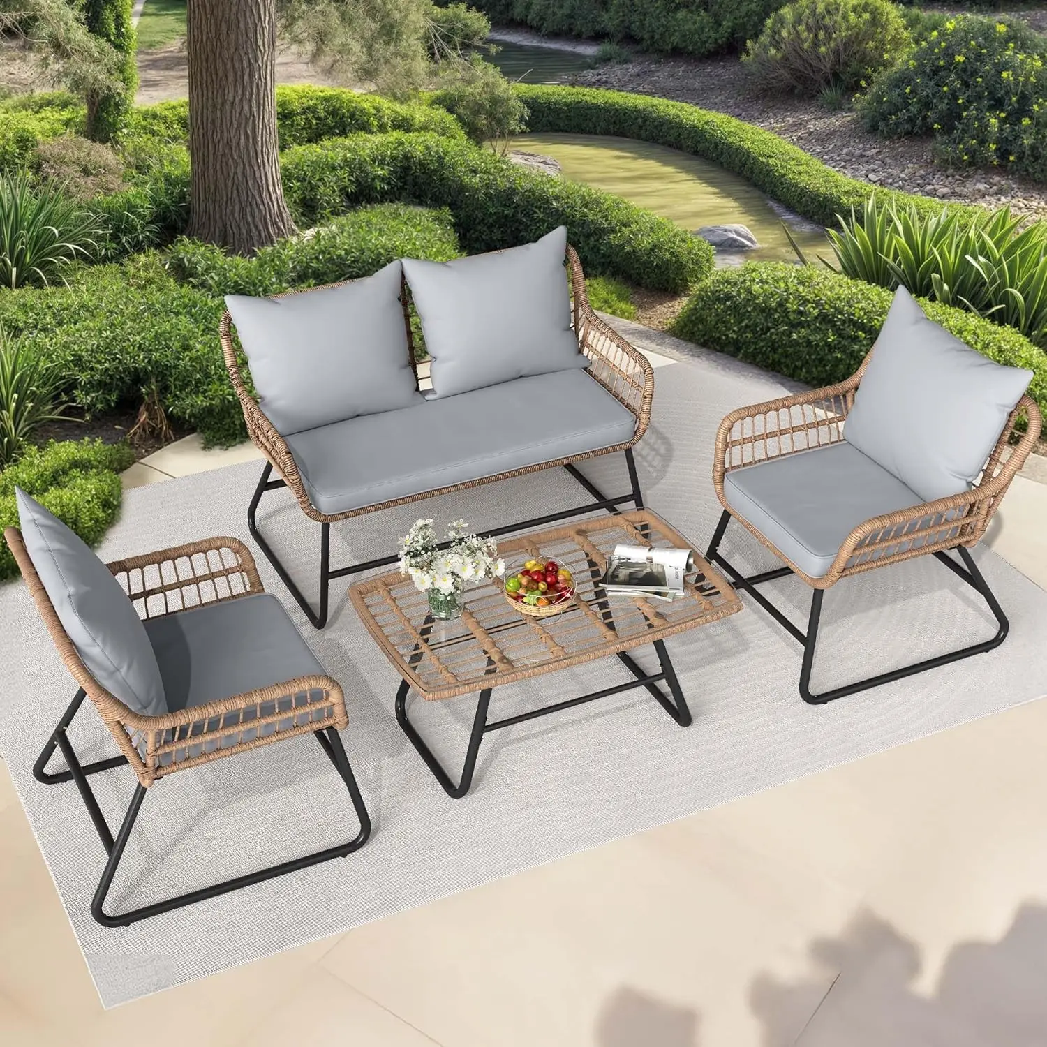Weather Resistant Modern Outdoor Pub Bistro Set, Round Grey Leg Table & Chairs with Comfort Seat Cushions, Multipurpose Patio Conversation Furniture for Garden Backyard Balcony