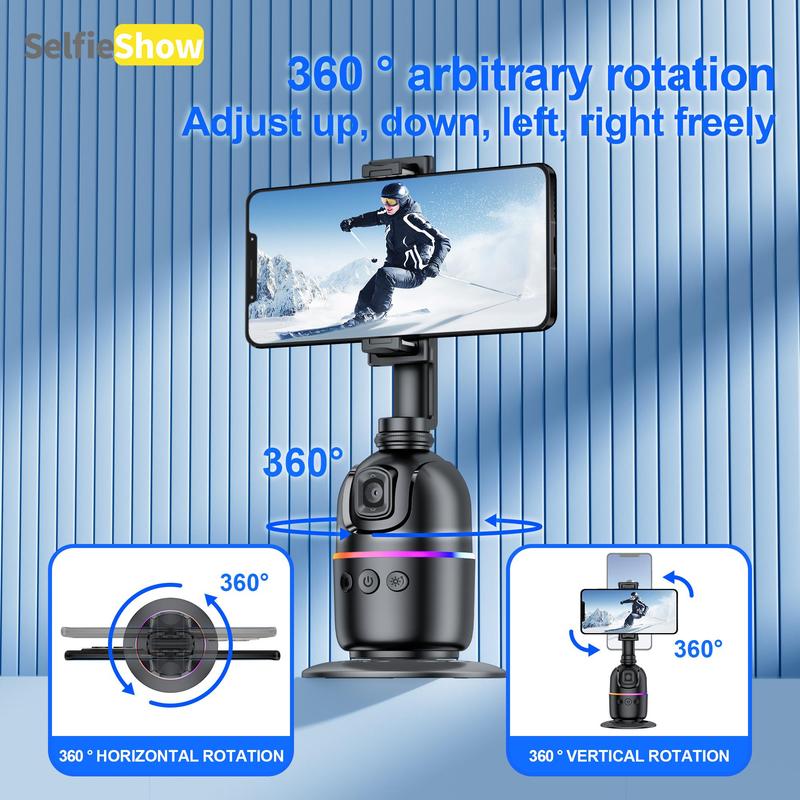 360° Rotatable Phone Holder, USB Rechargeable Smart Face Recognition Selfie Stick, Anti-shake Panoramic Shooting Phone Holder for Travel & Photography, Rotating Stand