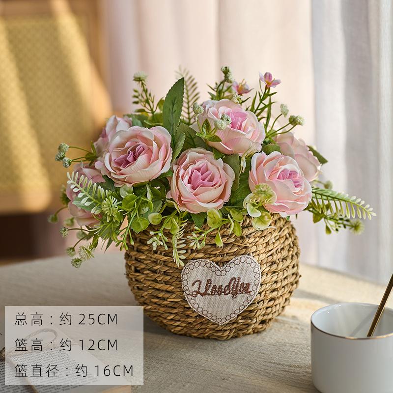 Rose & Sunflower Arrangement with Woven Grass Basket, Faux Floral Decor for Living Room & Dining Table White Babys Breath Bouquet