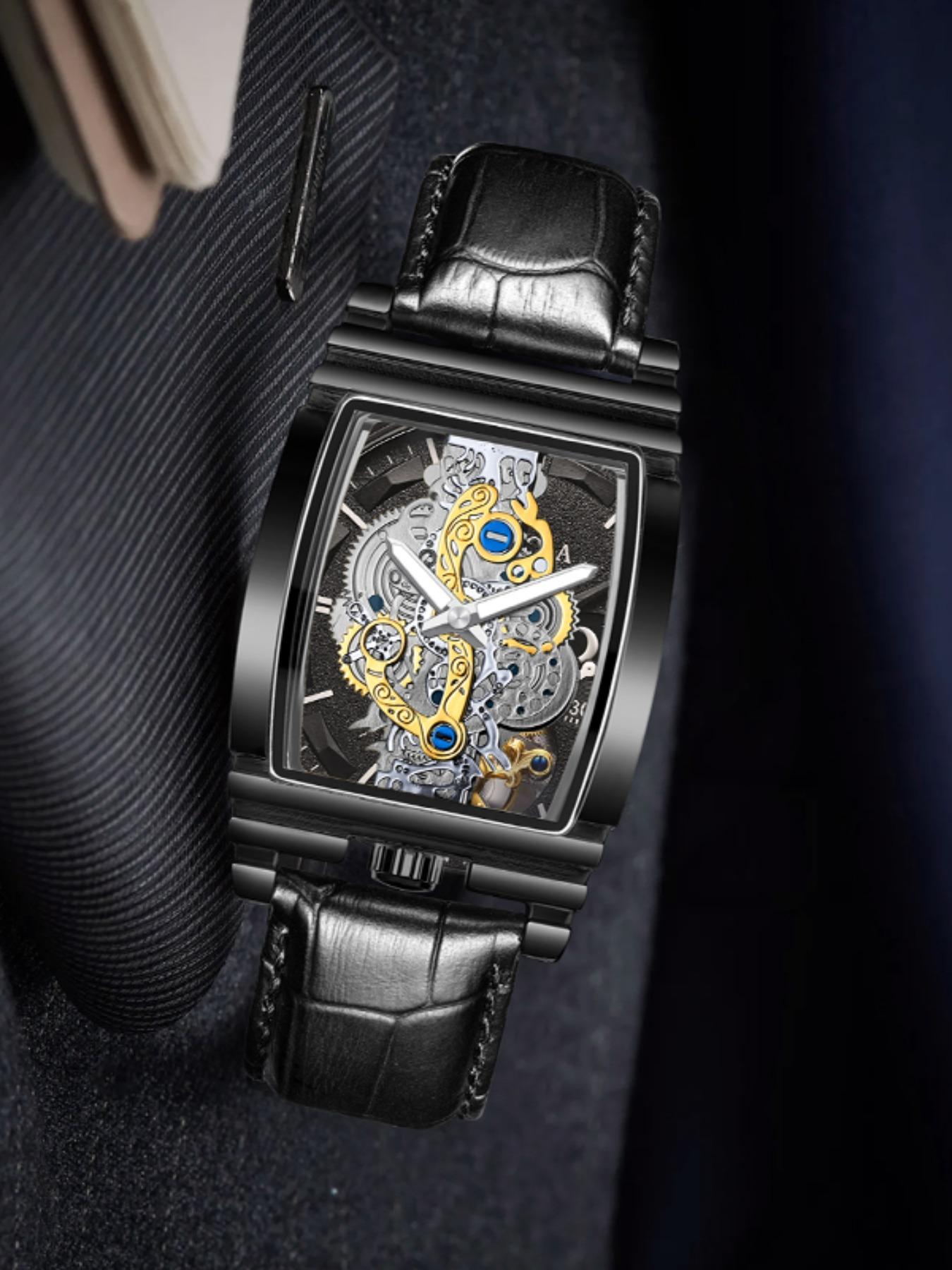 Men's Punk Fashion Barrel Shaped, Mechanical Style Skeleton Watches for Party, Daily Decor, Trendy All-match & Exquisite Watch for Birthday Gift with Box