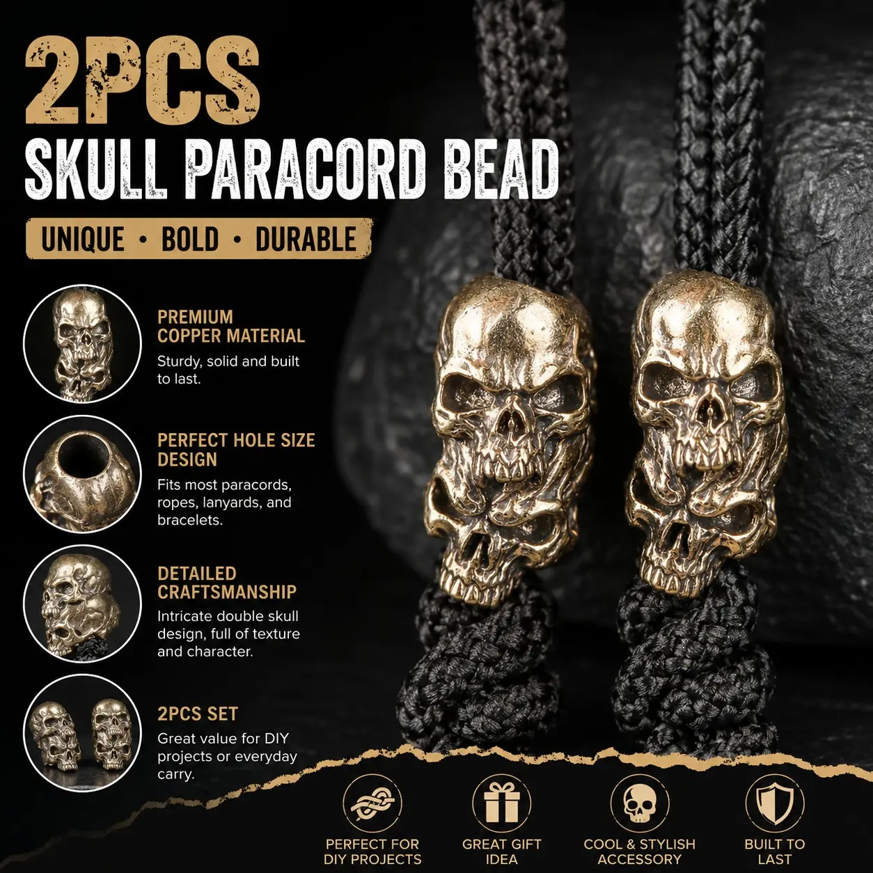 2 Piece Pure Copper Skull Keychain Set, Handmade Jewelry Pendant, Trendy Accessory, Perfect Halloween Gift, Unique Beaded Charm
