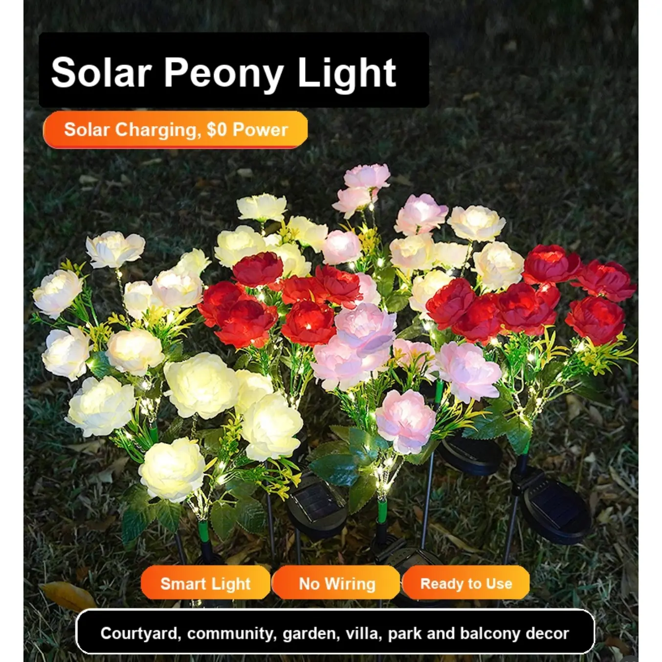 6 Heads Solar Powered Artificial Peony Flower Stake Lights, Waterproof Outdoor Lawn Lamps for Garden & Courtyard Ambience Decoration, Holiday Landscape Decor Lights