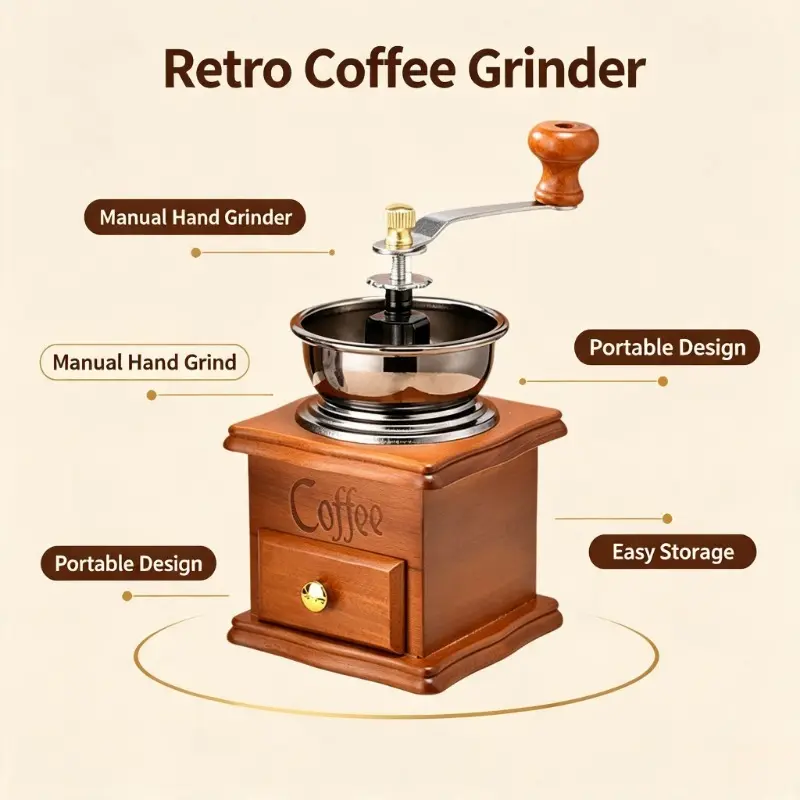 Vintage Wooden Manual Coffee Grinder, Portable Hand Crank Coffee Bean Mill with Collection Drawer, Adjustable Grinding for Camping, Travel, Home & Office Coffee Brewing