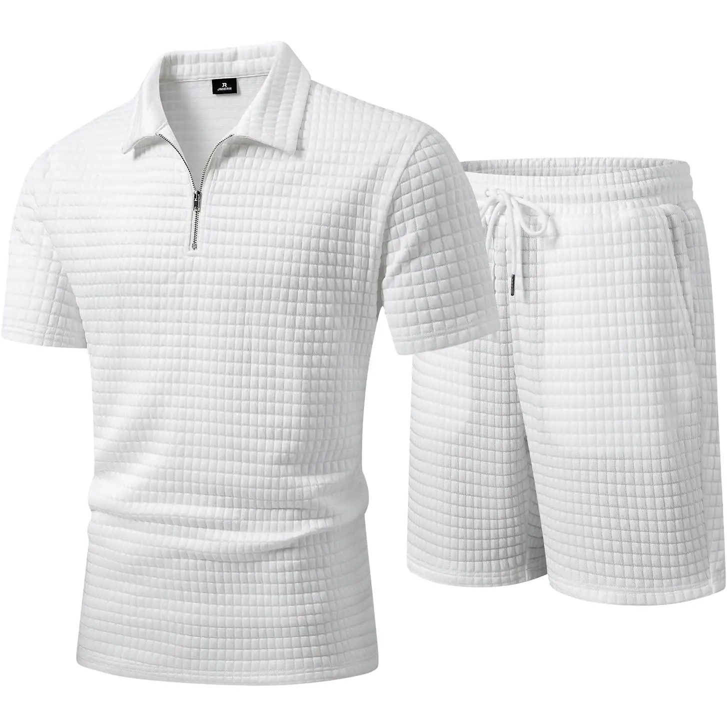 JMIERR Men's 2 Piece Waffle Knit Outfit Half Zip Polo Shirt and Shorts Textured Summer Set